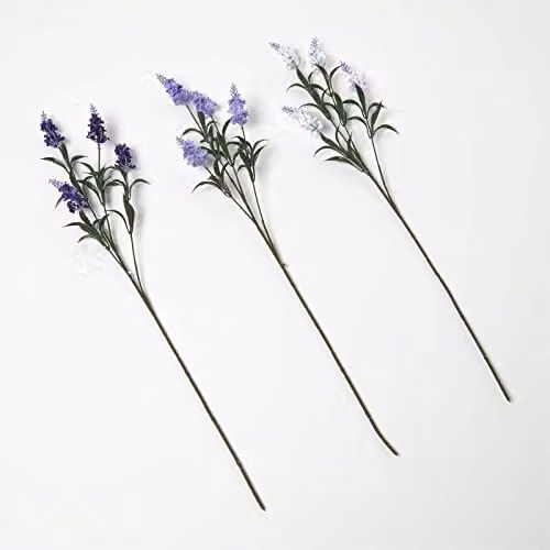HOMESCAPES Set of 3 Purple, White and Green Silk Lavender Artificial Flower Stems, Height: 68 cm