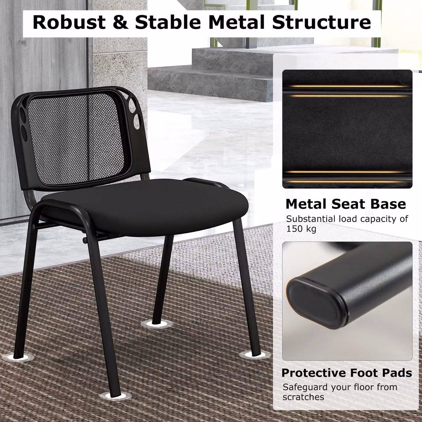 Gymax Set of 5 Stackable Padded Meeting Room Chairs in Black Fabric and Metal – 4