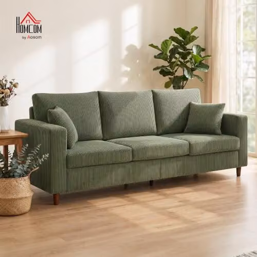 HOMCOM 3 Seater Corduroy Upholstered Sofa in Green, W: 225 cm, D: 80 cm, H: 79 cm – 2