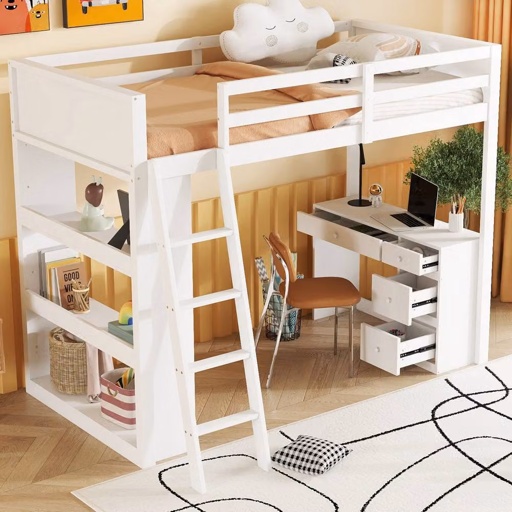 BTM White Single Loft Bed with Stairs, Drawers and Shelves, W/D/H: 190 x 90 x 170 cm – 2
