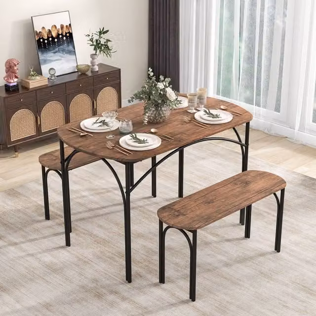 Costway 3 Piece Industrial Dining Table Set with Benches in Brown and Black, W: 120 cm, H: 76 cm – 1