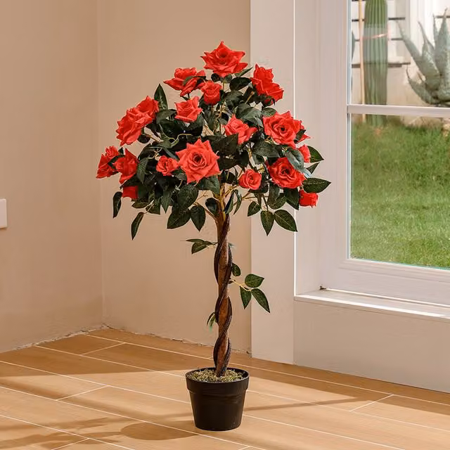 Livingandhome Red Artificial Rose Flower Tree in Pot, Height: 90 cm