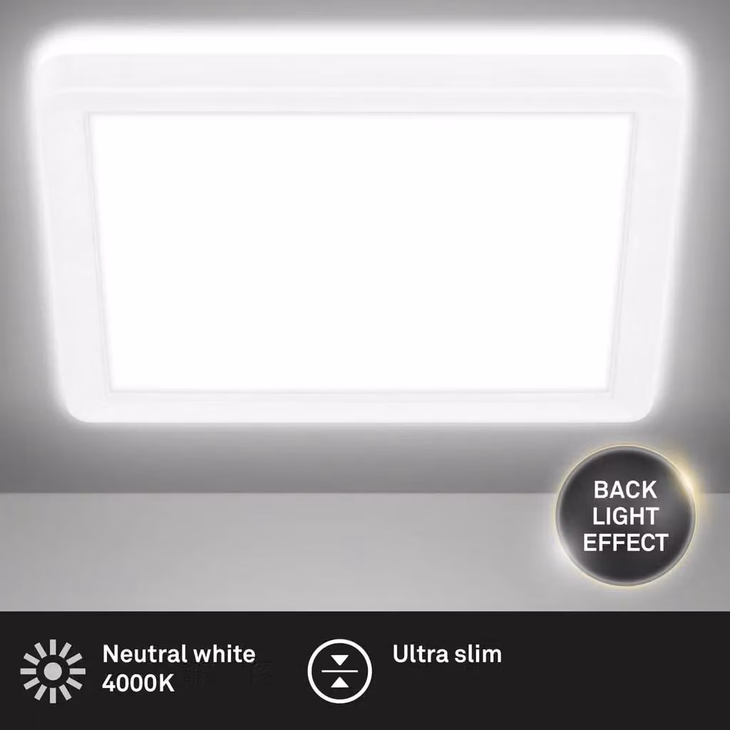 Briloner LED Ceiling Lamp with Background Lighting Effect, 12W, 1400 Lumens, 4000K, White, Square, W/D/H: 19 x 19 x 2.8 cm – 2