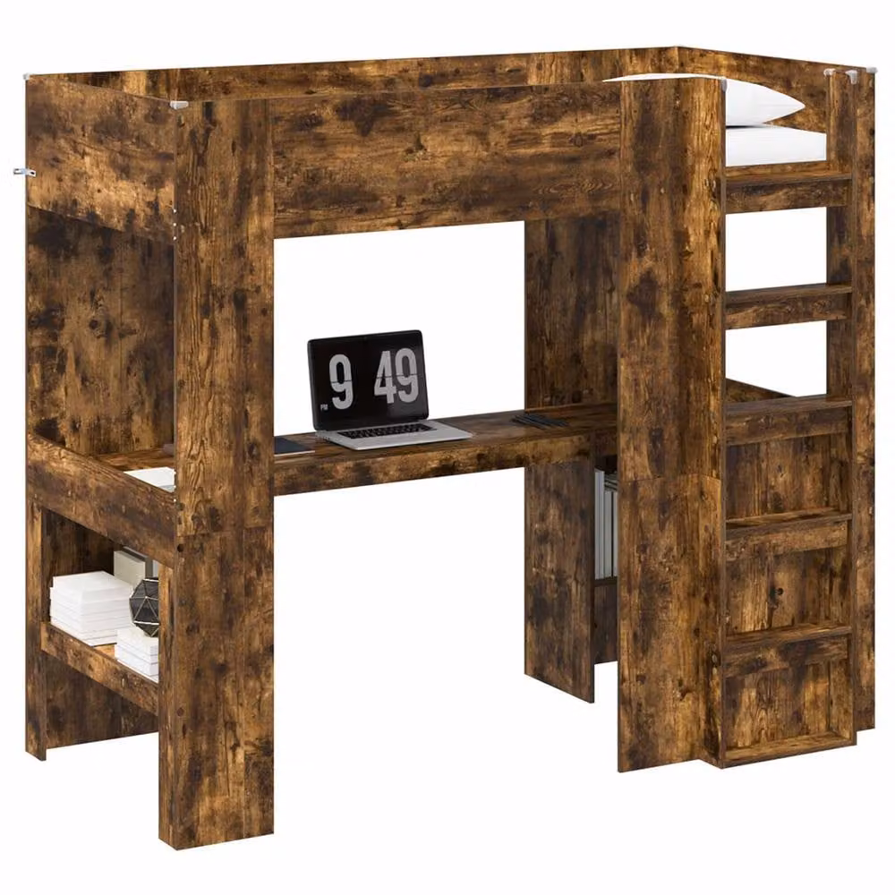 Berkfield Home Loft Bed Frame with Desk in Smoked Oak and Brown, Engineered Wood, W/D/H: 90 x 200 cm – 2