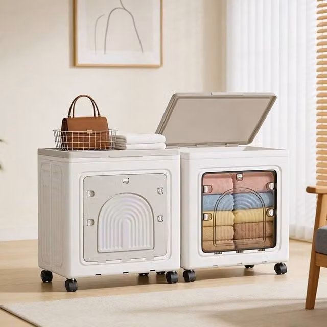 Kelvenix White 100L Rolling Collapsible Storage Bin - Stackable Plastic Organizer with Wheels and Handles