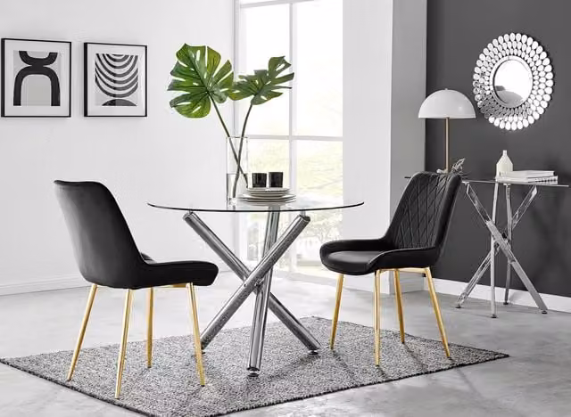 FurnitureboxUK Selina Round Glass Dining Table with Chrome Leg and Pesaro Black Upholstered Chairs with Gold Legs for 2 People