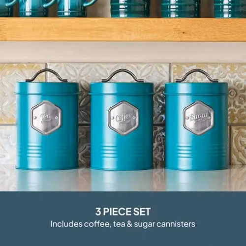 Cooks Professional 3 Piece Tea Coffee Sugar Canister Set in Petrol and Silver with Airtight Lids – 2