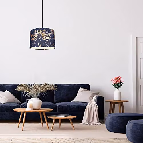 Happy Homewares Modern Round Cotton Fabric Lamp Shade in Blue with Copper and Silver Foil Design, Diameter: 30 cm – 4