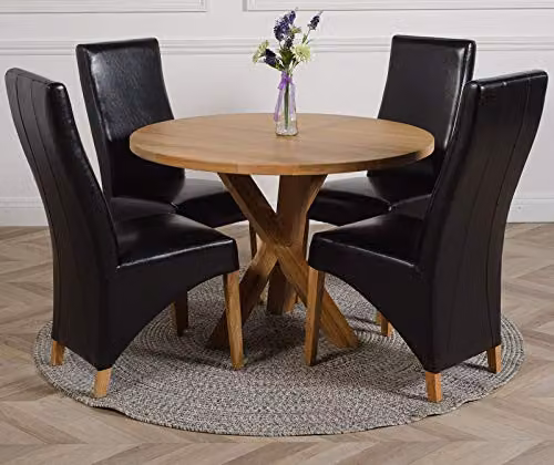 Thats Furniture Oregon Round Oak Dining Table and 4 Lola Black Leather Chairs Set, Diameter: 110 cm, Height: 76 cm