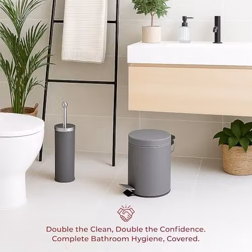 iTrend Grey 3L Pedal Dustbin and Toilet Brush Set with Holder, Made from Powder Coated Steel and Stainless Steel – 4