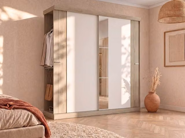 Vente-unique 2-Door Sliding Wardrobe with Mirror in Natural and Ivory Light Oak, Width: 231 cm – 1
