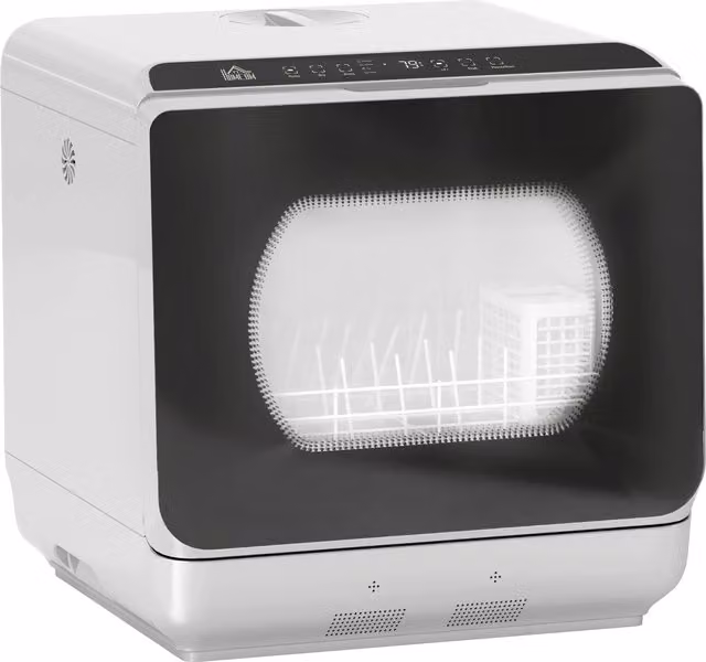 HOMCOM Tabletop Dishwasher in Silver with 4 Place Settings, 6 Programs, 6L Water Tank, Touch Control, LED Display and Delay Start – 1