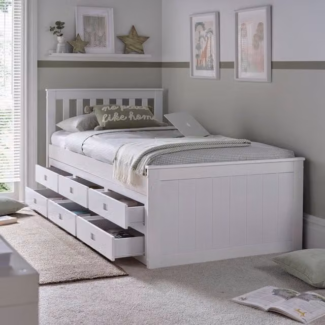 Save On Goods UK White Lacquered Wooden Single Storage Bed Frame with 6 Drawers, W/D/H: 90 x 190 cm