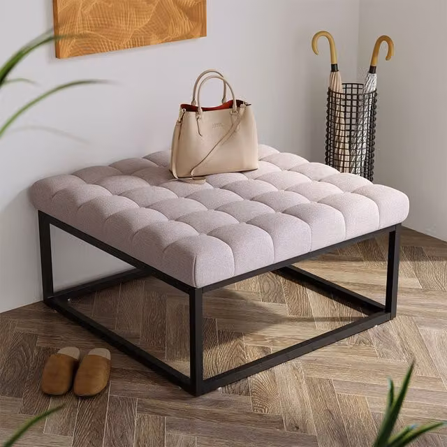 Livingandhome Square Linen Footstool Bench with Metal Frame in Beige