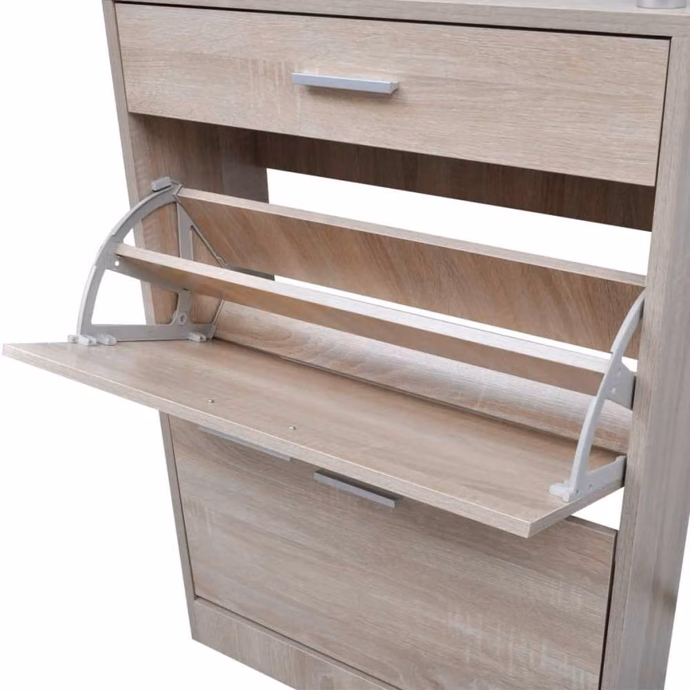 Berkfield Home Shoe Cabinet in Light Brown Oak Look with Drawer and Glass Top Shelf – 2