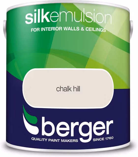 Berger Silk Emulsion Dispersion in Chalk Hill White and Beige with a Satin Gloss Finish