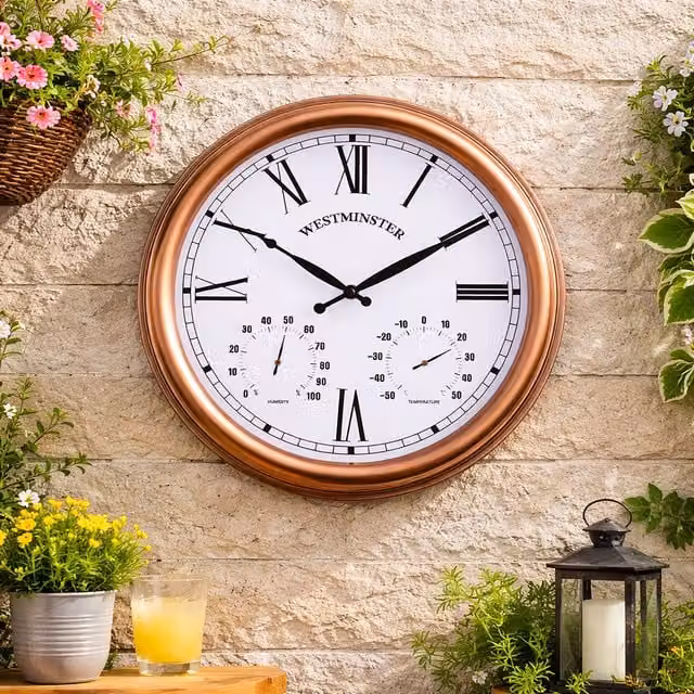 Marco Paul Classic Round Copper Garden Wall Clock with Thermometer and Hygrometer, Diameter: 40 cm