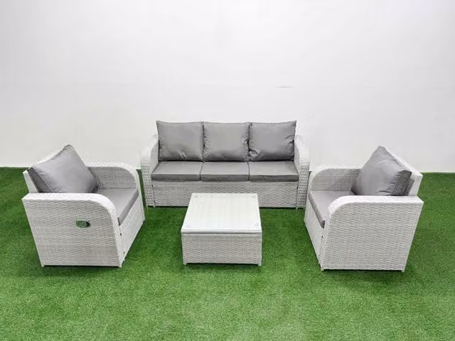 Fimous PE Rattan Garden Furniture Set in Light Grey with 3-Seater Sofa, Reclining Armchair, and Coffee Table