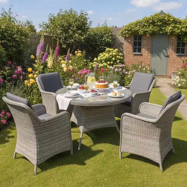 Oseasons Hampton 4 Seat Rattan Dining Set in Grey with Glass Top and Dark Grey Cushions
