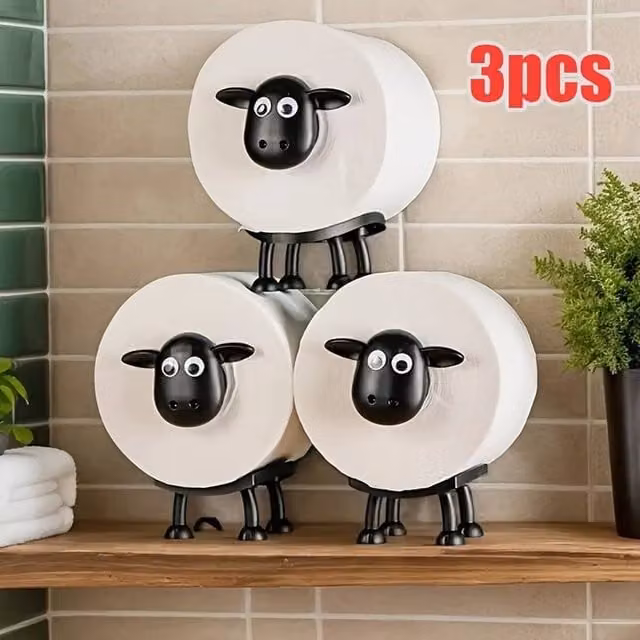 PAWNORA 3-Piece Funny Sheep Toilet Paper Holder Set in Black