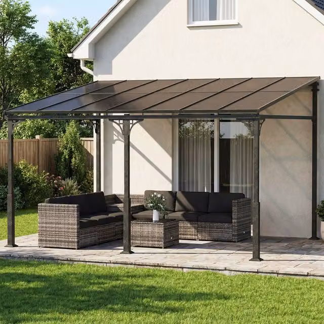 Outsunny Brown Metal Lean-to Pent Pergola with Polycarbonate Roof, W: 4 m, D: 3 m