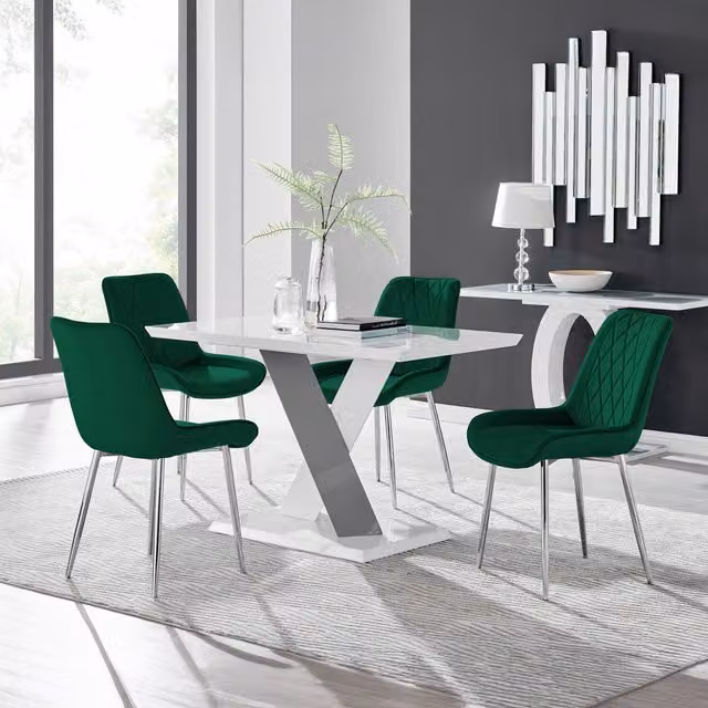 Furniturebox Monza White High Gloss Rectangular Dining Table with 4 Pesaro Silver Chairs in Green