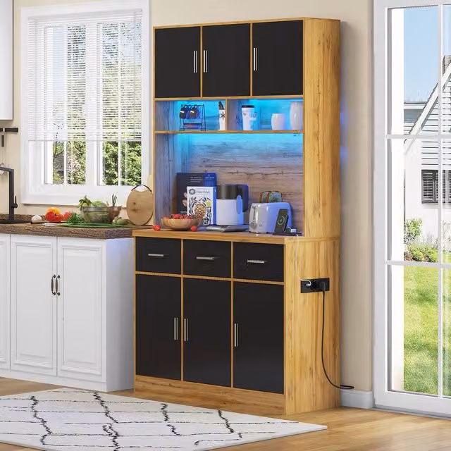 Merax Modern Kitchen Tall Pantry Cabinet in Sand with Integrated Lighting and Shelves, W/D/H: 100 x 40 x 180 cm – 1