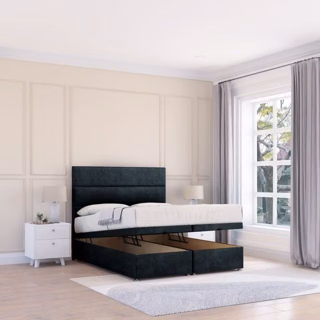 Sloomy Texas Naples Small Double Fabric Ottoman Bed in Black with Sprung Memory Mattress and 26 Inch Strut Headboard, W/D/H: 120 x 200 cm