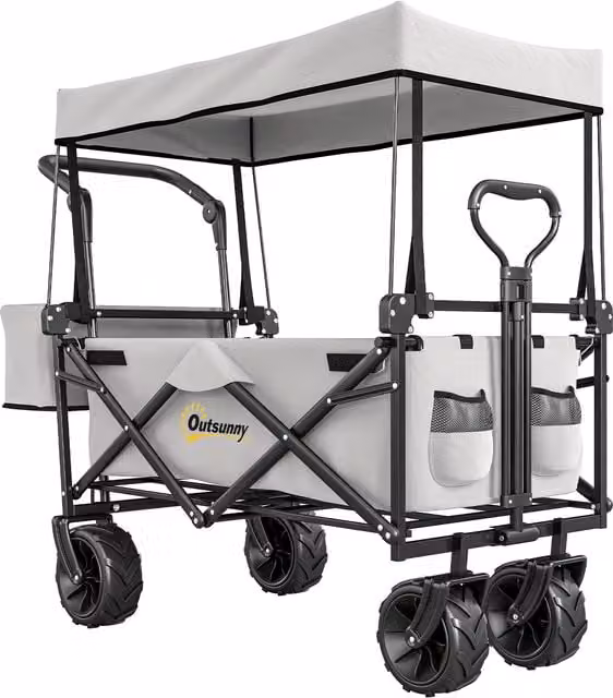 Outsunny Folding Trolley Cart with Overhead Canopy and 4 Wheels in Grey – 1