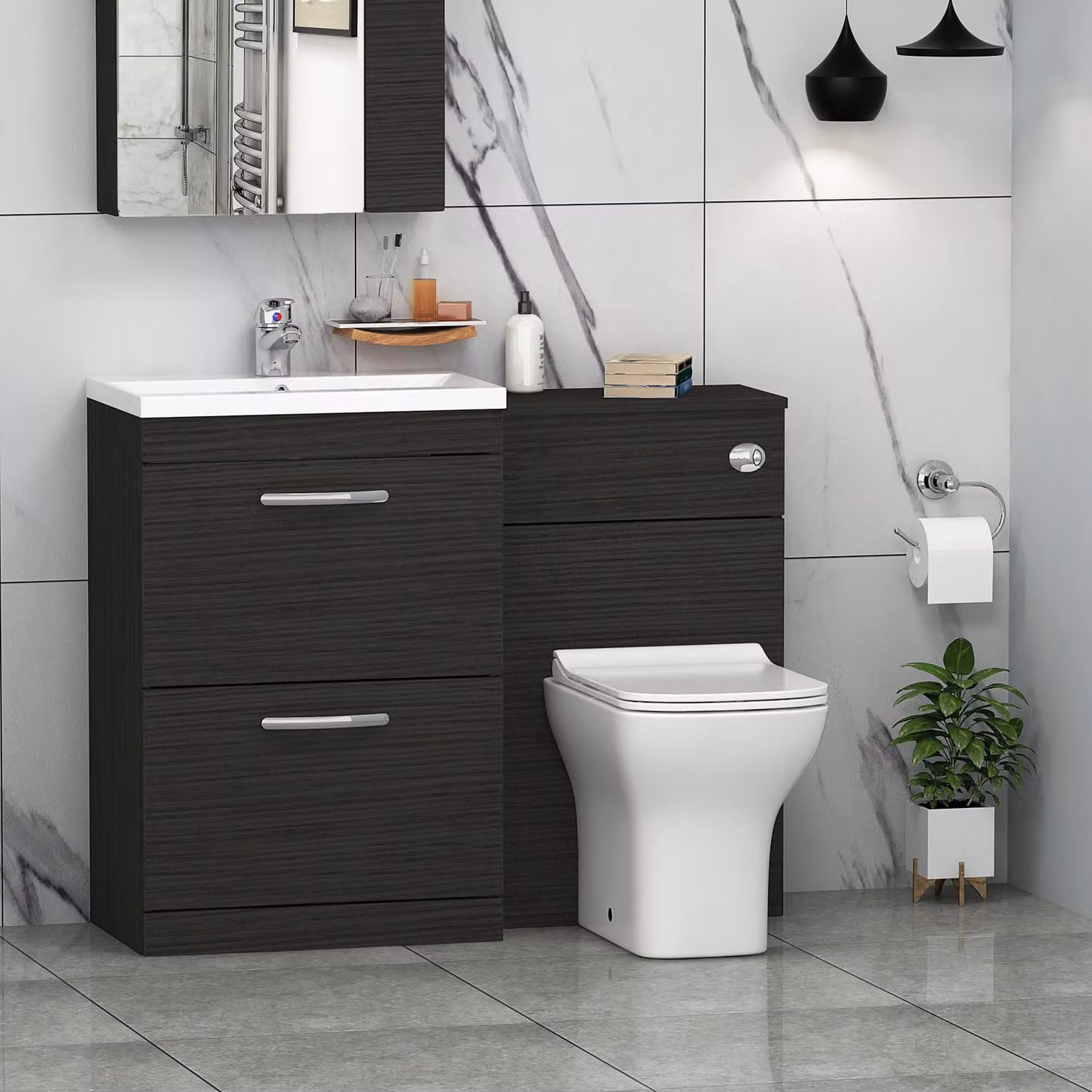 Royal Bathrooms Turin 1100mm Hale Black 2-Drawer Mid-Edge Basin and Qubix Back to Wall Toilet Pack