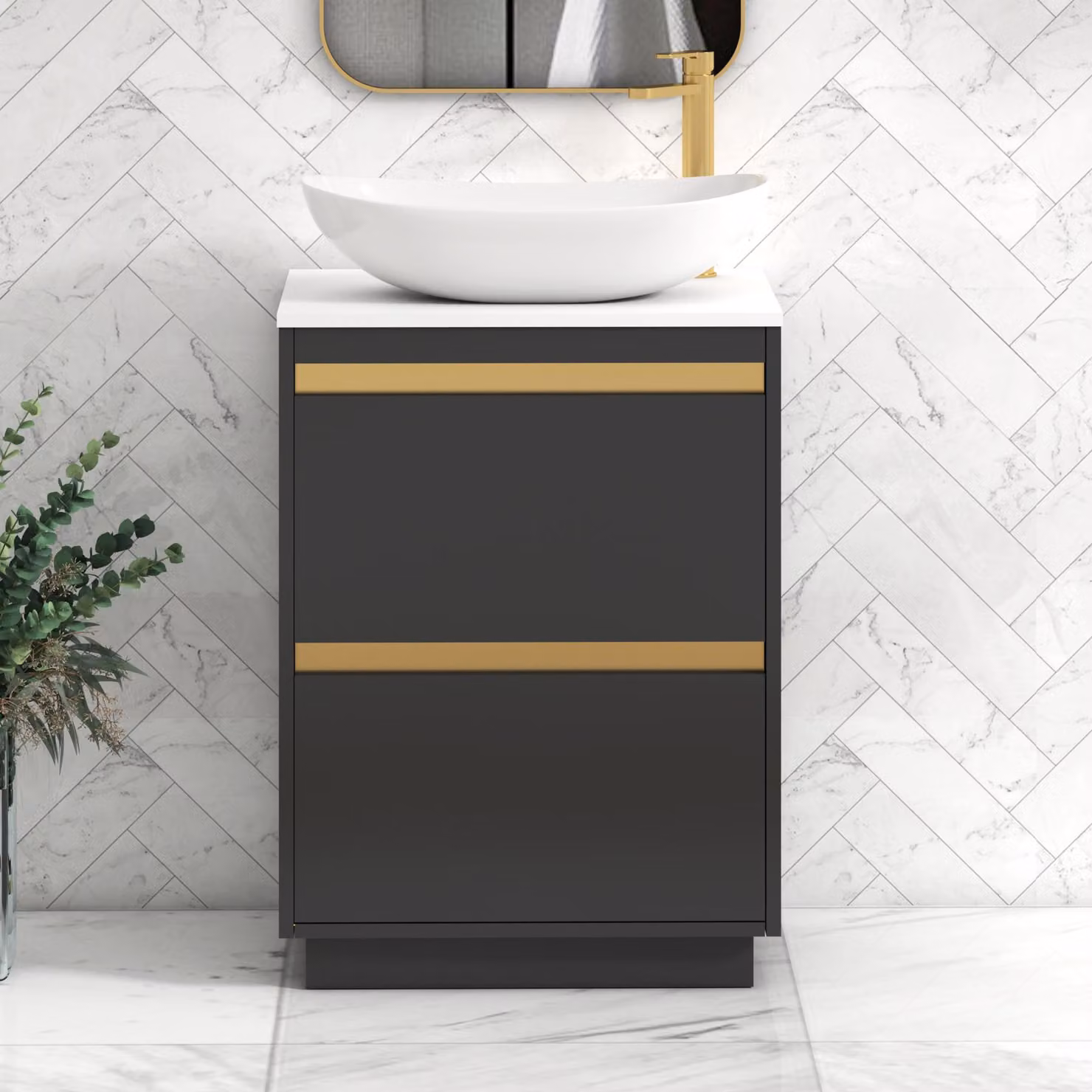 Royal Bathrooms Orion 600mm Matt Obsidian Black Floor Standing 2 Drawer Vanity Unit with Plain White Countertop, Cesar Basin and Brushed Brass Accent Trim