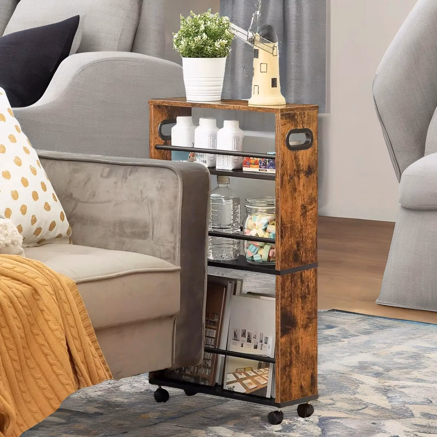 Rafaelo Mobilia 4-Tier Rolling Utility Cart with Handle in Brown, W/D/H: 45 x 15 x 80 cm – 2