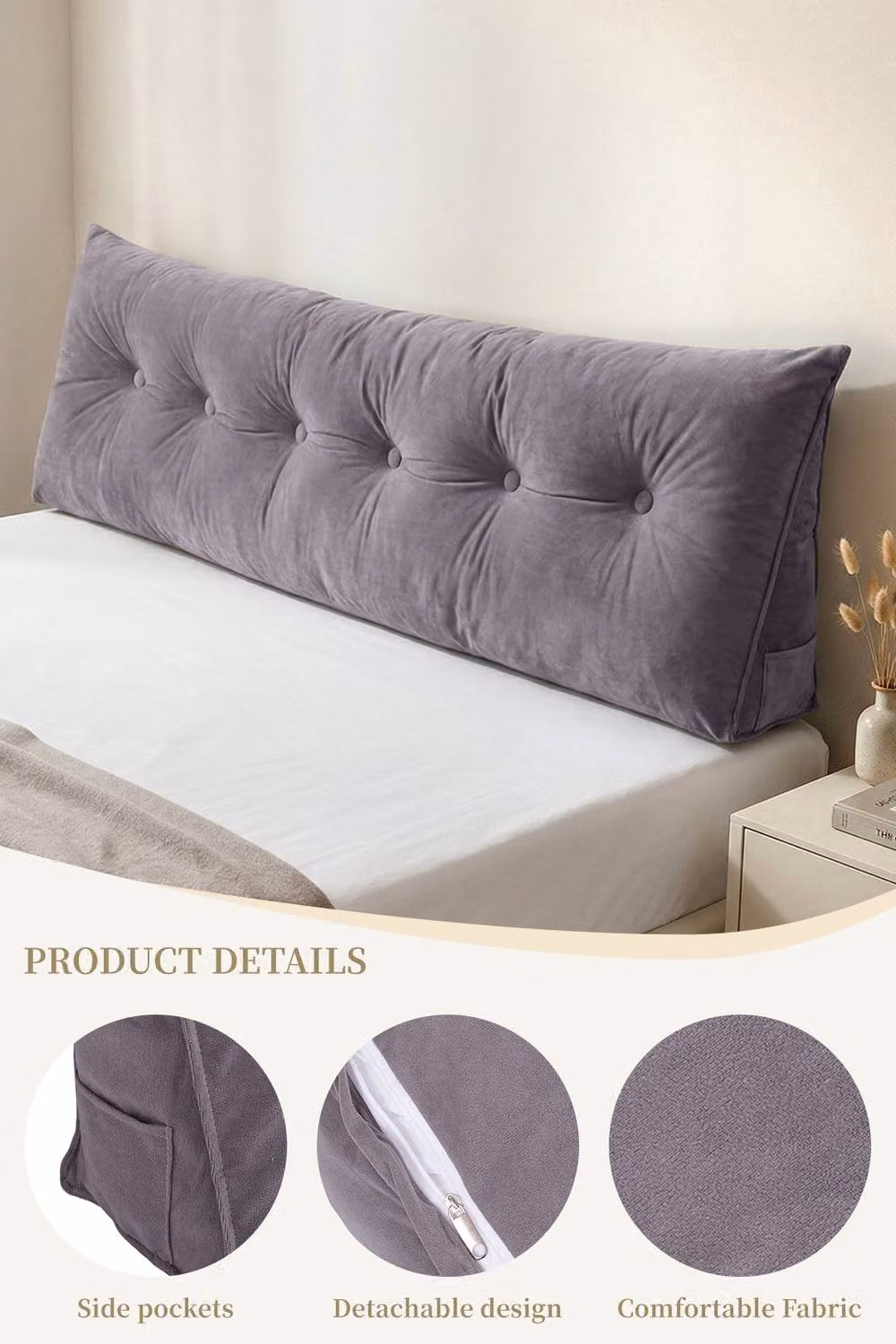 Living and Home Grey Washable Wedge Headboard Pillow with Storage Pocket – 2