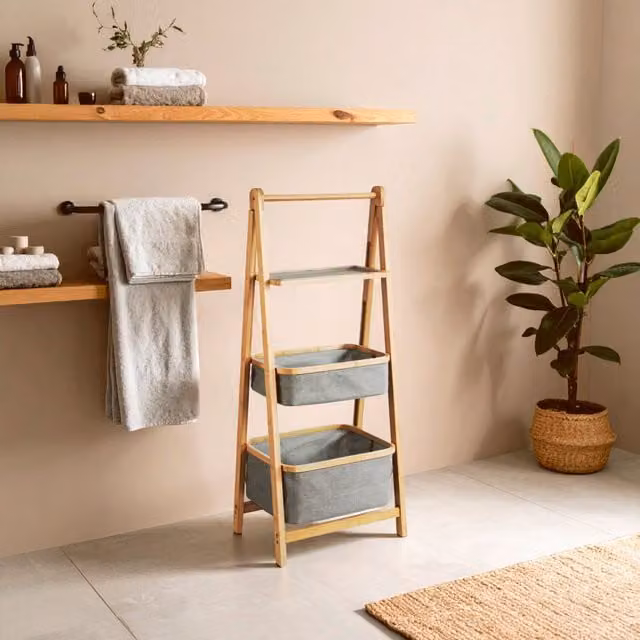 Orsina Compact 3 Tier Bamboo Storage Unit in Grey, H: 109 cm, W: 34 cm, D: 45 cm – 1