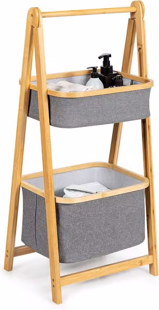 Costway 2-Tier Bamboo Laundry Hamper Shelf in Brown and Grey