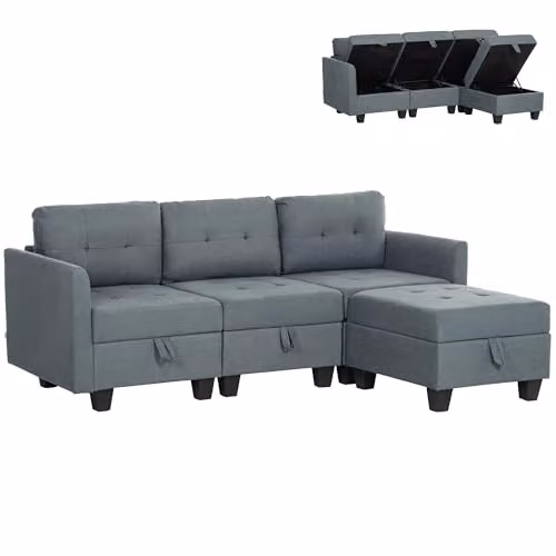 HOMCOM Convertible Modular L-Shape Sectional Sofa with Storage and Sleeping Function, Grey Fabric Upholstery with Solid Wood Frame – 1