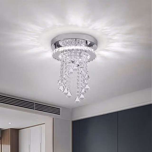 Komore Silver Crystal Ring Ceiling Light with Stainless Steel and Transparent Crystal Pendants
