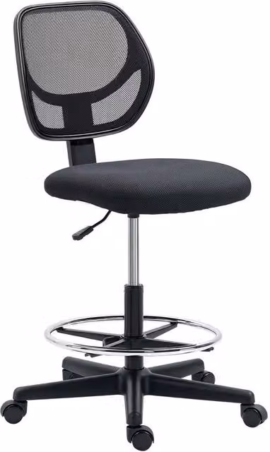 FORGEVIO Black Fabric Draughtsman Swivel Office Chair with Foot Ring and Castors – 1