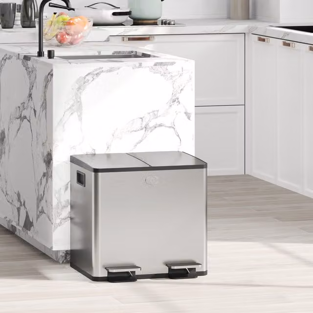 HOMCOM Silver Stainless Steel Pedal Kitchen Bin with 2 x 15L Removable Inner Buckets