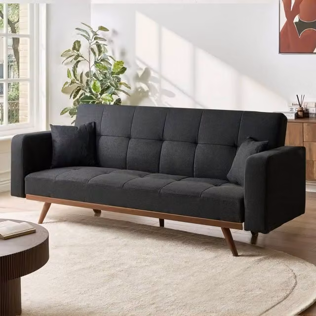 Wyld and Coco Tufted 3-Seater Click Clack Sofa Bed in Black Polyester with Metal Legs
