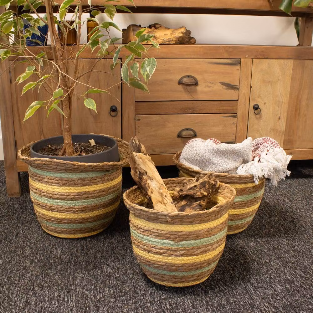 Serenityy Set of 3 Open Weave Seagrass and Rattan Baskets in Natural Yellow and Green – 3