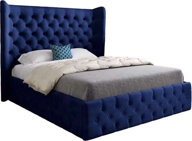 KDMD Dreamer Wide Winged Upholstered Soft Velvet Designer Bed Frame in Blue, W/D/H: 180 x 137 x 189 cm