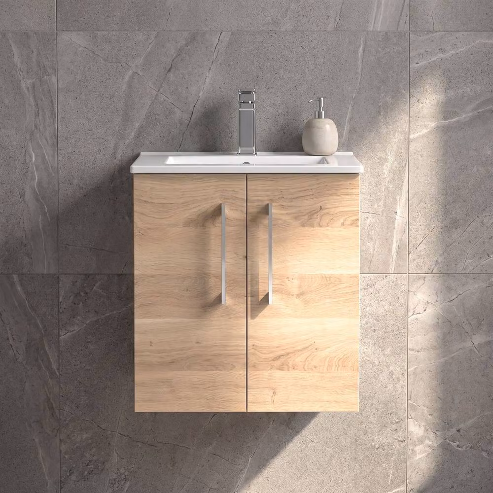 Balterley Wall Hung Bathroom Vanity Unit with 2 Soft Close Doors in Bleached Oak Brown – 4