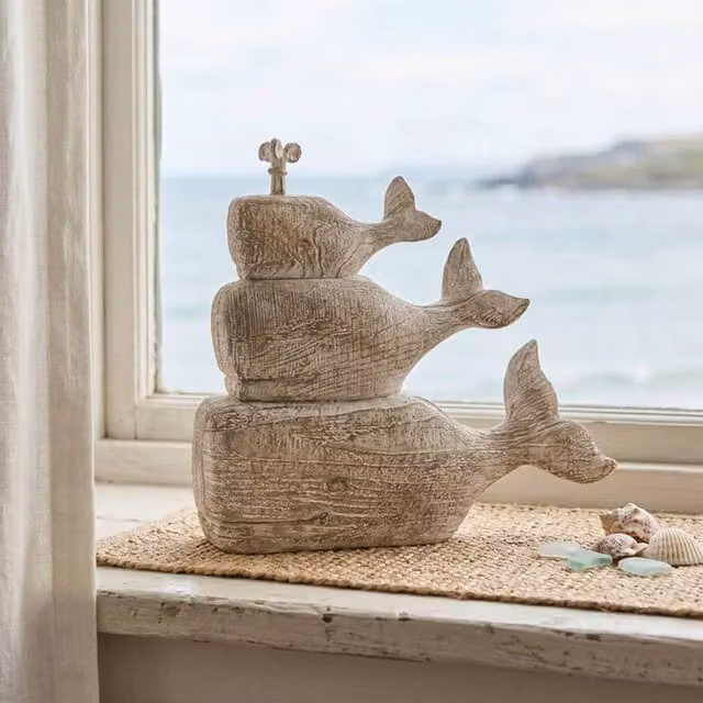 Madison & Mayfair Stacked Whale Sculpture in Beige Wood