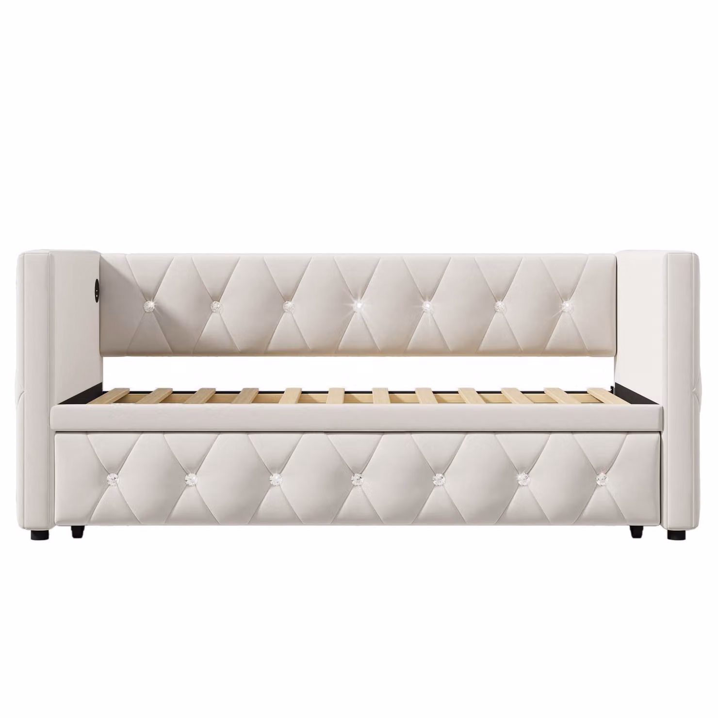 Aosom UK 3 Seater Beige Velvet Upholstered Pull Out Sofa Bed with Removable Trundle and USB Charging Ports – 2