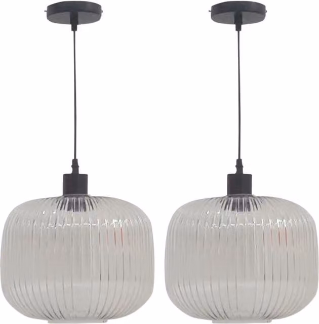 First Choice Lighting Batley Set of 2 Large Pendant Lights with Transparent Ribbed Glass and Black Fittings, H 127.5 cm x W 25.5 cm x D 25.5 cm – 1