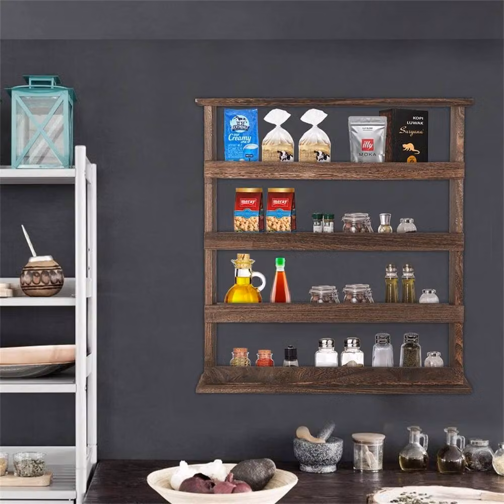 NESTLUNE 5-Tier Rustic Wood Wall Mounted Spice Rack Organizer in Brown, W: 100 cm, D: 15 cm, H: 15 cm – 4