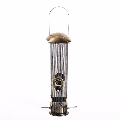 Happy Beaks Supreme Bird Feeder Collection, Antique Brass Metal Hanging Garden Feeders for Seed, Peanut and Mealworms, Set of 3 (Includes 1 Seed Feeder)