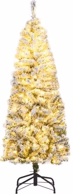 Gymax 150 cm Pre-Lit Slim Pencil Christmas Tree in Green with Thick Snow-flocking