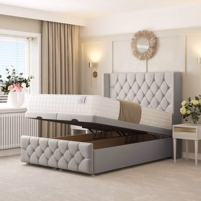 Bed Choices Deluxe Ottoman Upholstered Divan Bed with 54 inch Headboard in Silver Velvet, W/D/H: 140 x 200 cm